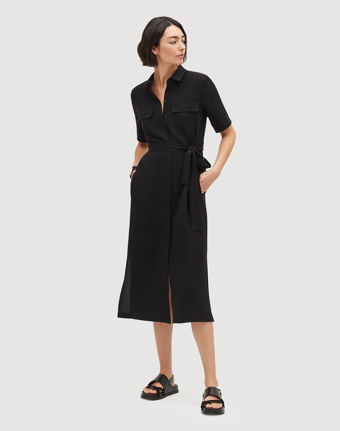 

Платье-рубашка миди с короткими рукавами из крепа Finesse Doha Lafayette 148 New York, черный