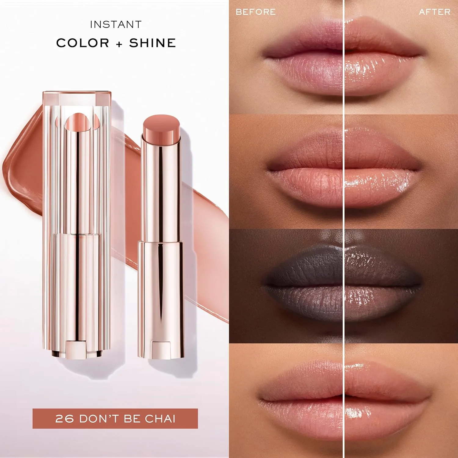 Увлажняющий бальзам для губ Lancôme Lip Idôle Squalane-12 Butterglow - мгновенный блеск, 24-часовое увлажнение и регулируемая интенсивность цвета для гладких и увлажненных губ., 26 DON'T BE CHAI (Warm Caramel Beige) — фото 3