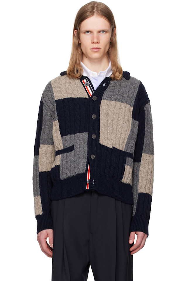 

Кардиган с воротником-стойкой, жаккардовыми узорами и детской косой Thom Browne, мультиколор