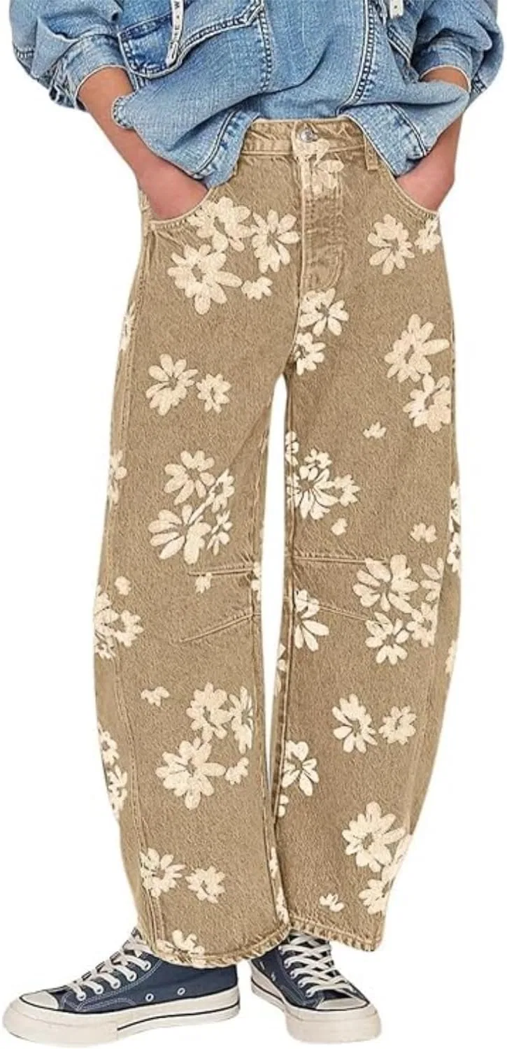 Джинсы свободные с цветочным принтом, Khaki