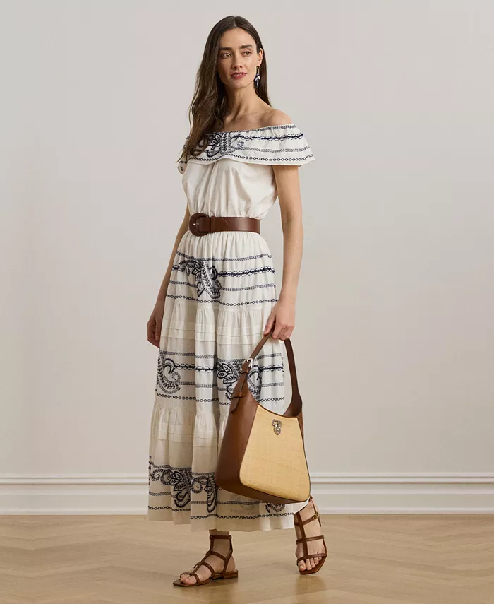 

Женское платье с вышивкой из вуали Off-the-Shoulder Lauren Ralph Lauren, белый