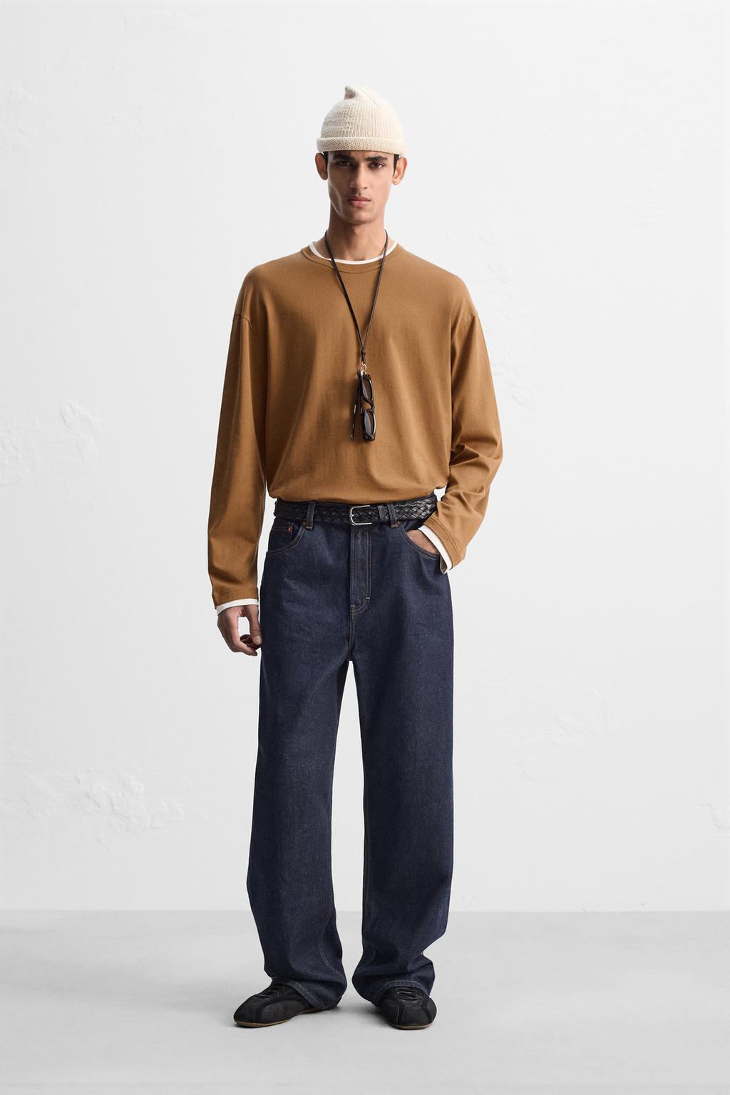 

Футболка с контрастным вырезом ZARA, цвет Terracotta