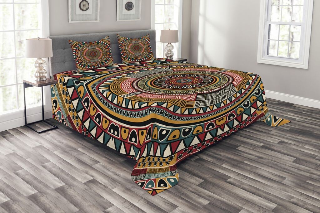 

Комплект покрывала ABAKUHAUS Tribal, Color Art, с моющимися наволочками, для односпальных кроватей 220 x 220 см, нефритовый рубин и горчичный
