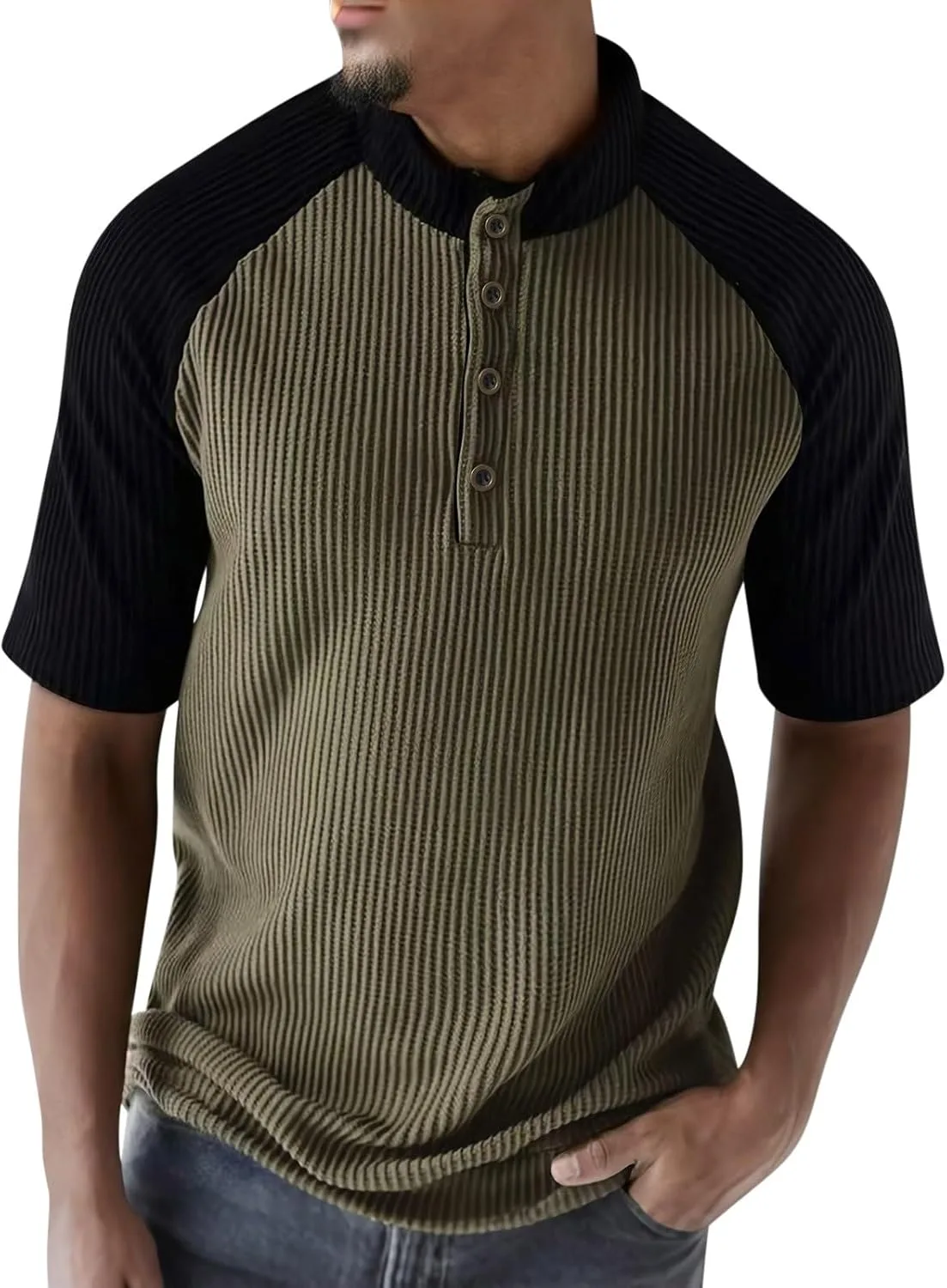 

Мужская футболка хенли с коротким рукавом реглан и цветными блоками