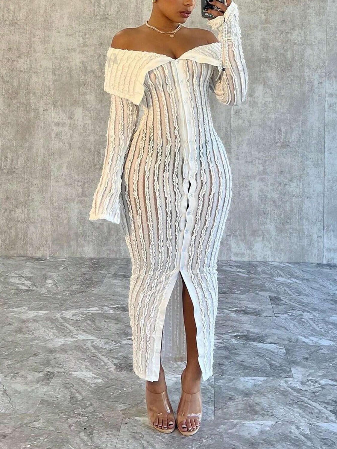 

Платье Shein Unique Jacquard Knit Off Shoulder Bodycon, белый