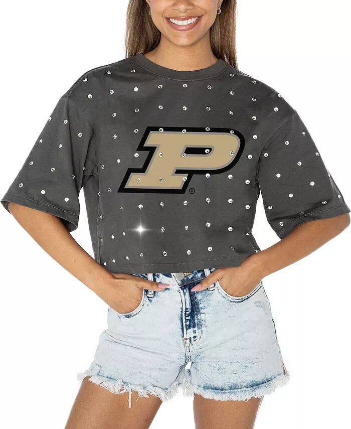 

Женская серая футболка Purdue Boilermakers Go Time со стразами Gameday Couture