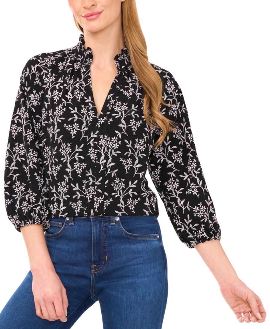 

Женская блузка с рукавами реглан 3/4 и воротником-рюшами CeCe, Rich Black