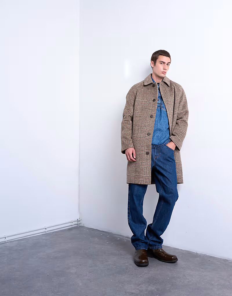 

Пальто из шерстяной смеси с начесом в клетку коричневого цвета Topman