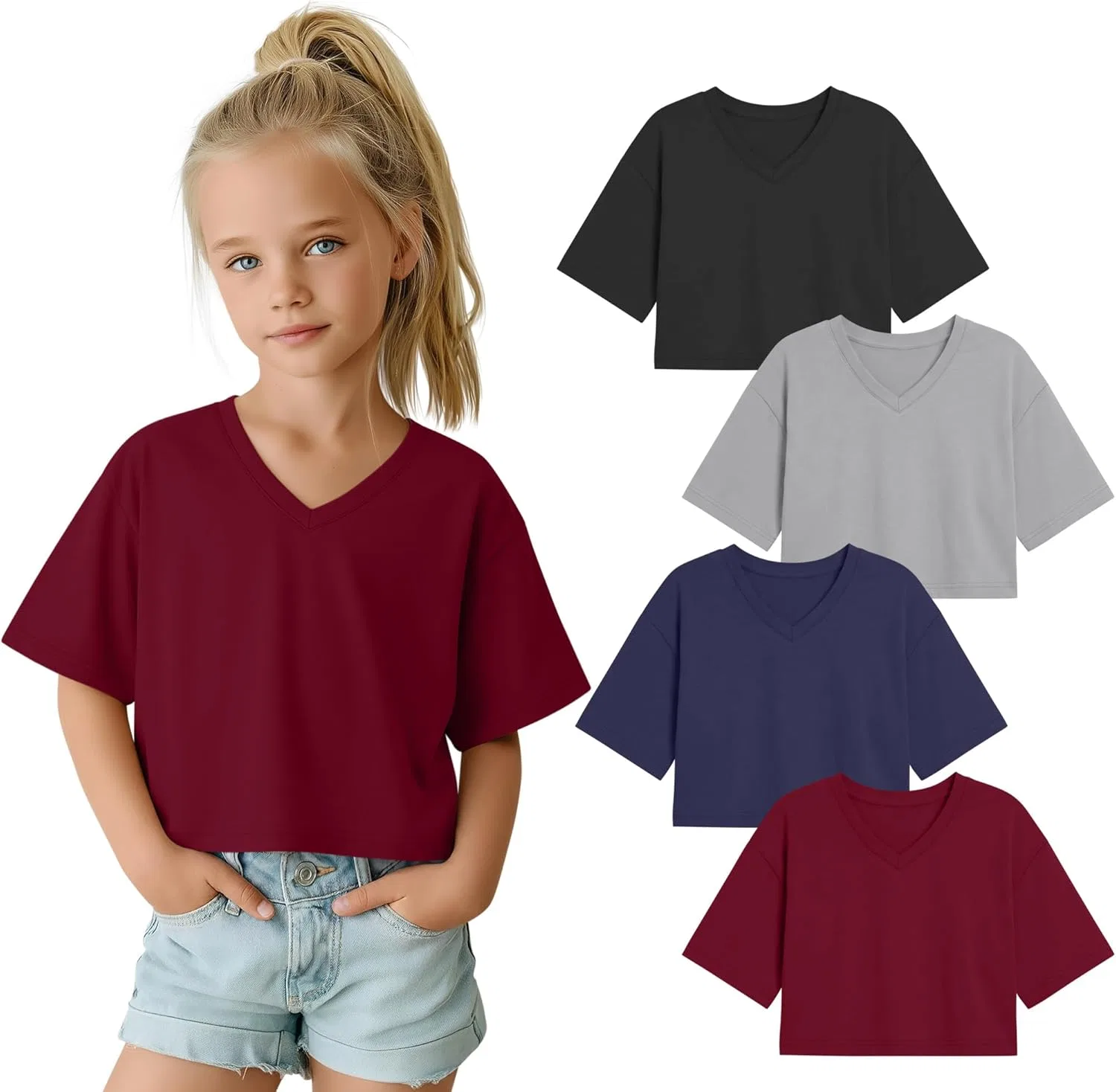 Детские топы-кроп, 4 штуки, LessonZoo, Black, Light Gray, Navy Blue, Wine Red