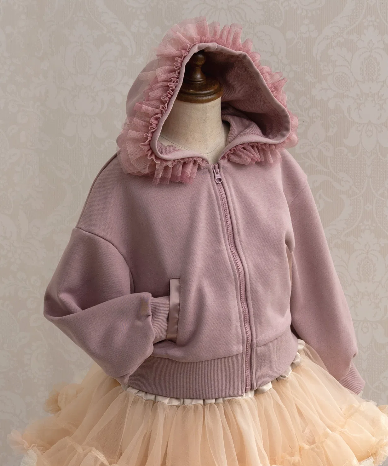 Детская парка с тюлевыми рюшами panpantutu, розовая, 100-130 см