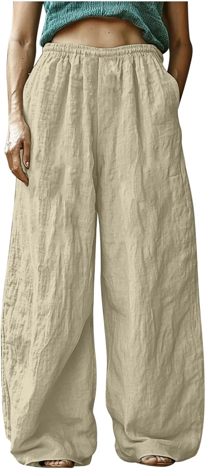 

Женские льняные широкие брюки с эластичным поясом и карманами YMADREIG