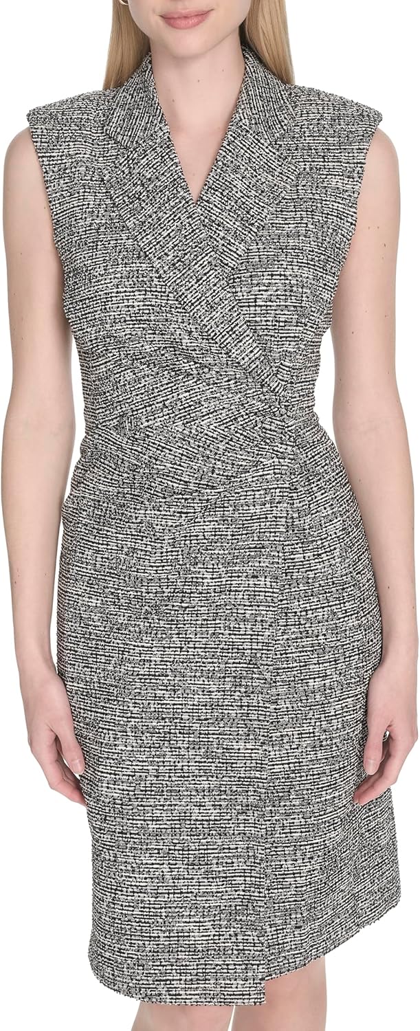 

Женское платье-халат из твида с короткими рукавами и воротником Calvin Klein, Black White