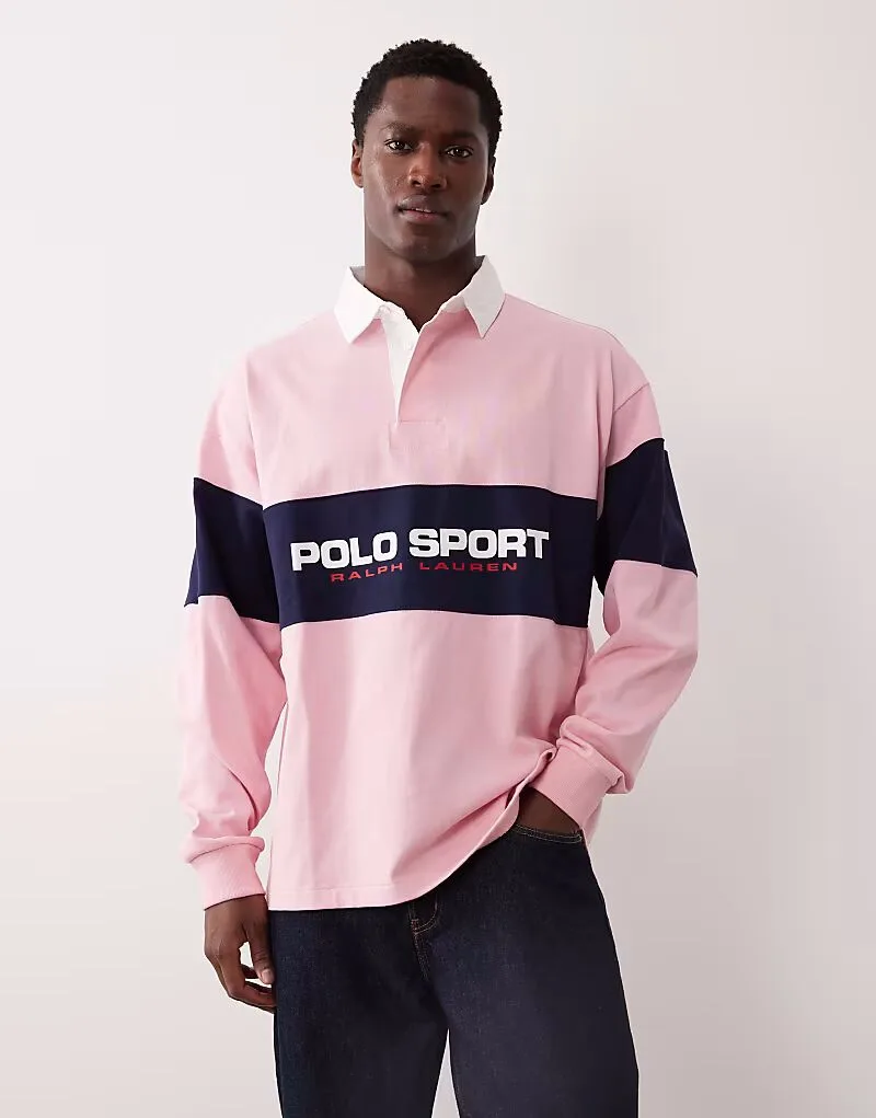 Спортивная регби-поло Polo Ralph Lauren Sport с нагрудной панелью и логотипом в виде флага, свободного кроя, розового цвета