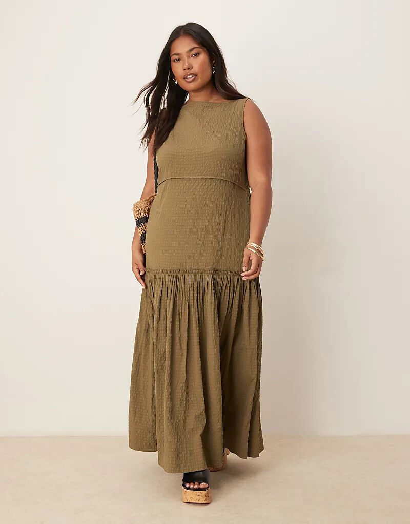 

Платье макси ASOS DESIGN Curve с жатым воротом и отделкой швами оливкового цвета Asos Curve