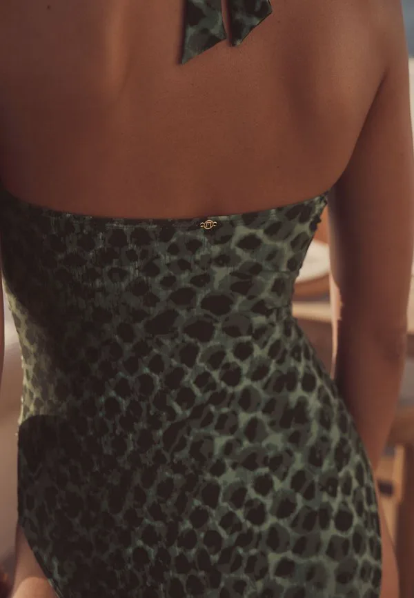 Купальник с завязками на шее и эффектом утягивания живота Next, Green/Black Leopard Print — фото 4