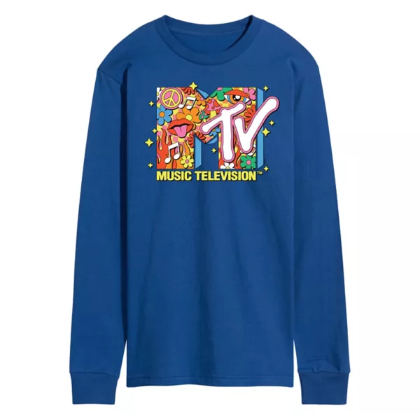 

Мужская футболка с длинным рукавом и ретро-коллажем MTV Licensed Character, синий