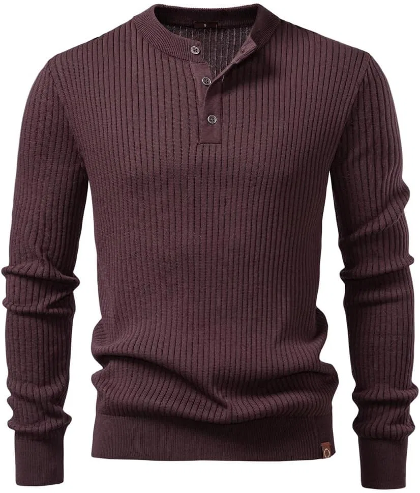 Мужской однотонный свитер с длинным рукавом, круглым вырезом и застежкой на четверть, вязаный, для осени и зимы, теплый, повседневный, облегающий, пуловер Generic, кофейный