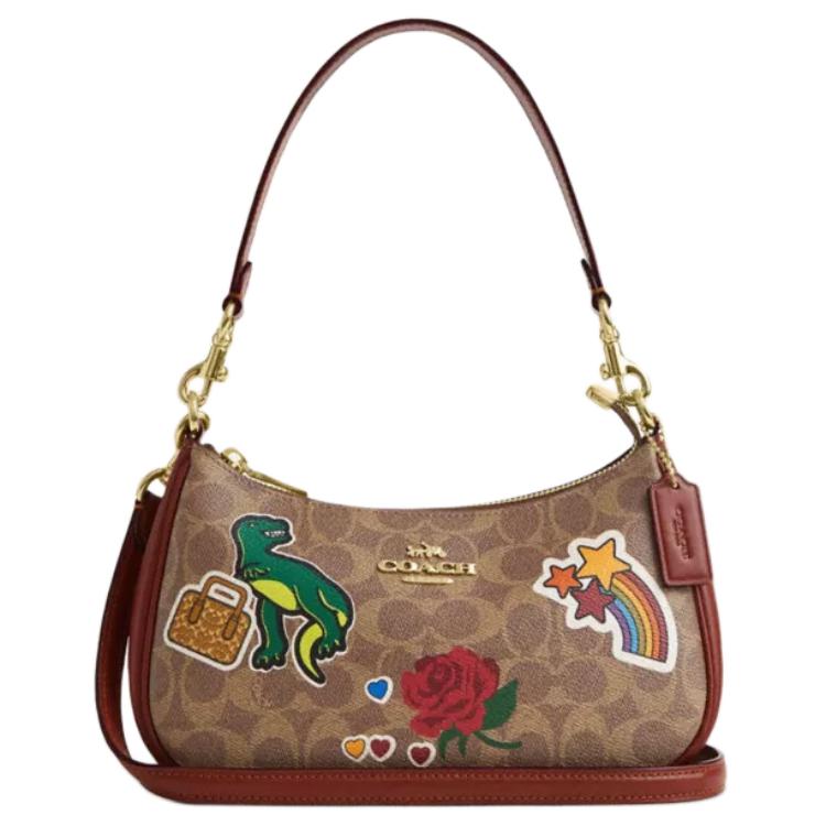 

COACH Сумка через плечо Teri Coated Canvas с кожаной сумкой среднего размера для женщин, бежевого и разноцветного цвета