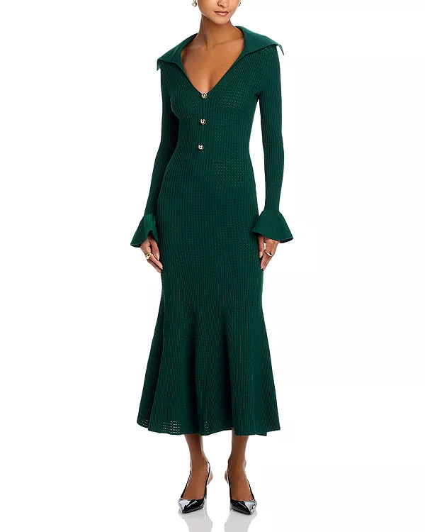 

Платье с оборками на манжетах и широким вырезом Self-Portrait, зеленый