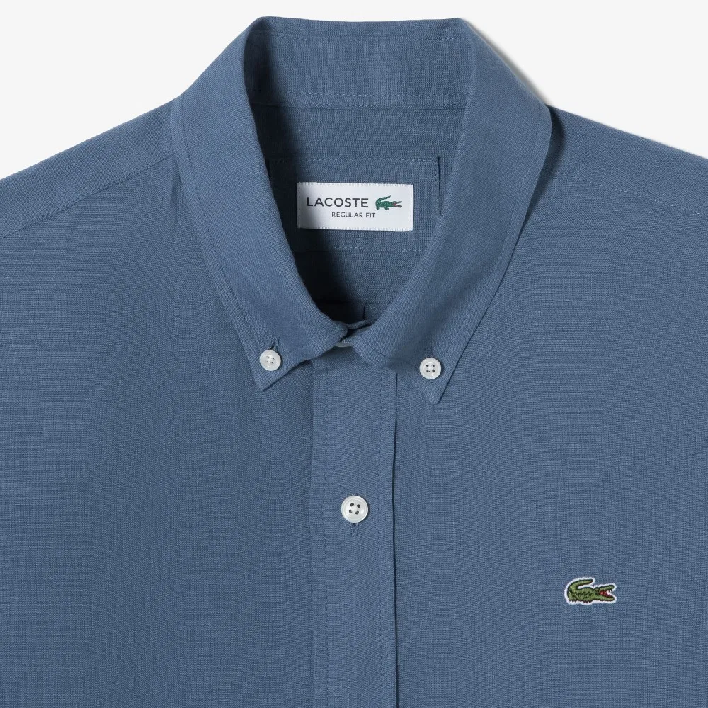 Мужская однотонная льняная рубашка меланжевого тёмно-синего цвета от Lacoste — фото 2