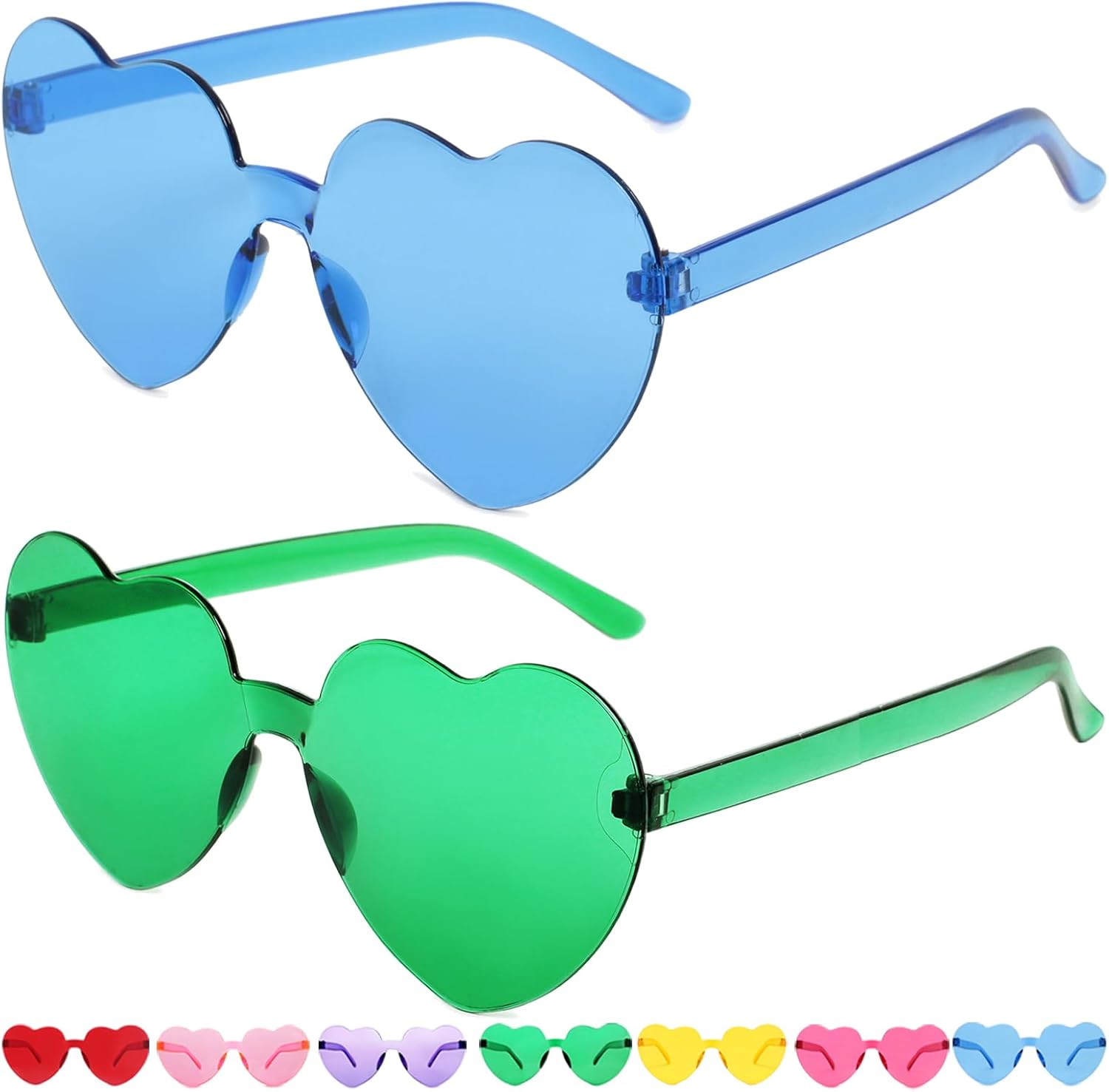 

2 пары солнцезащитных очков в форме сердца, солнцезащитные очки в форме сердца для женщин на День святого Валентина, модные очки без оправы, красочные сувениры для рейв-вечеринки ayigu, Blue, Green