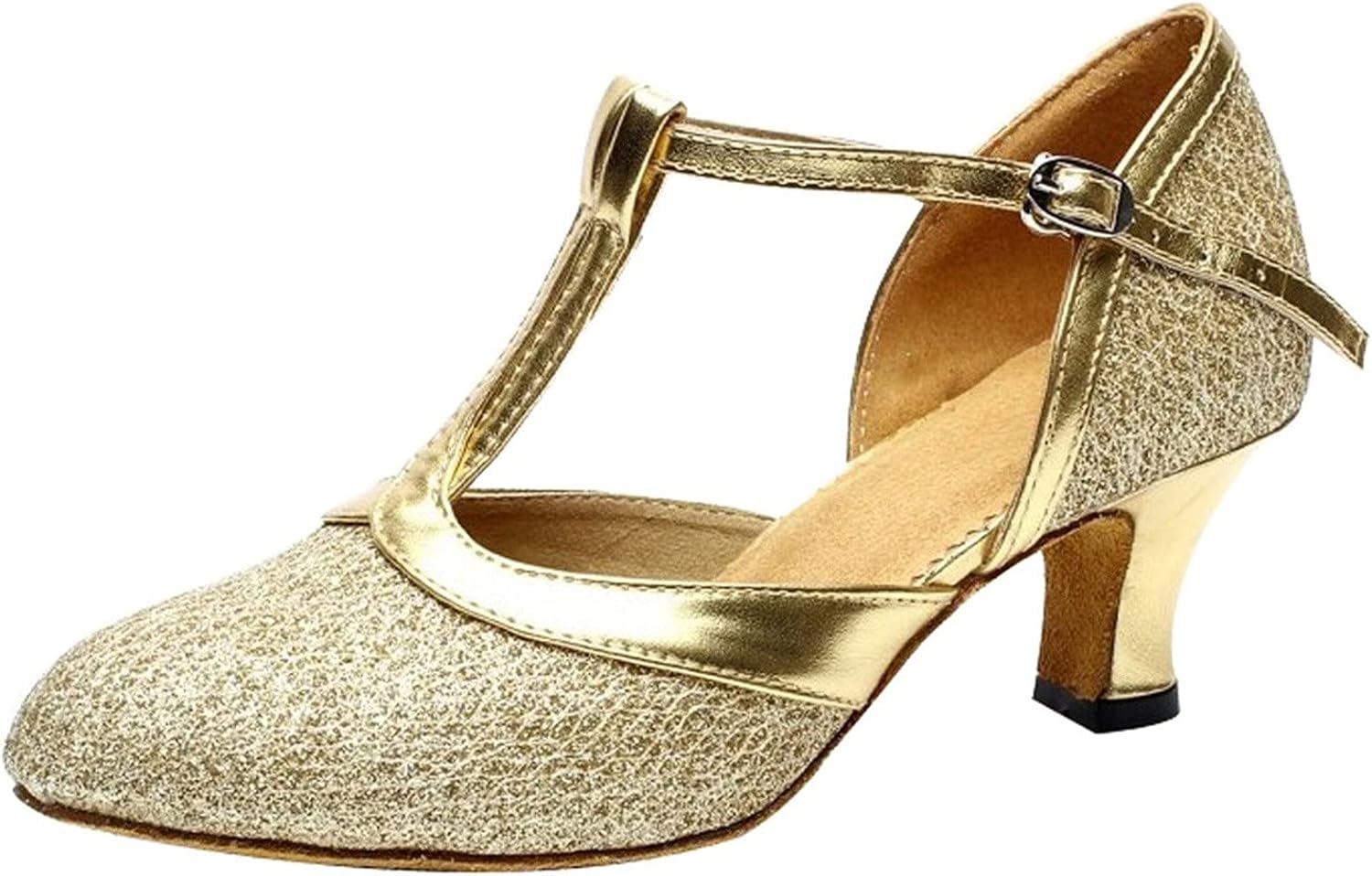 

Босоножки на каблуке для женщин, дамские, с средним низким каблуком, для бальных танцев, танго, латиноамериканских танцев, блестящие, для социальных танцев (Цвет: кофе, Размер: 5.5 UK) Generic, золотой