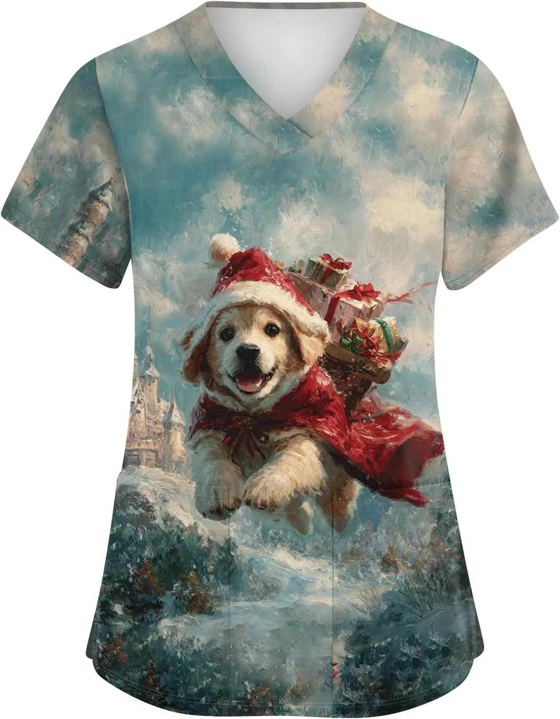 

Женский топ-скраб V-образного выреза с рождественским принтом, короткий рукав, свободный крой FlekmanArt