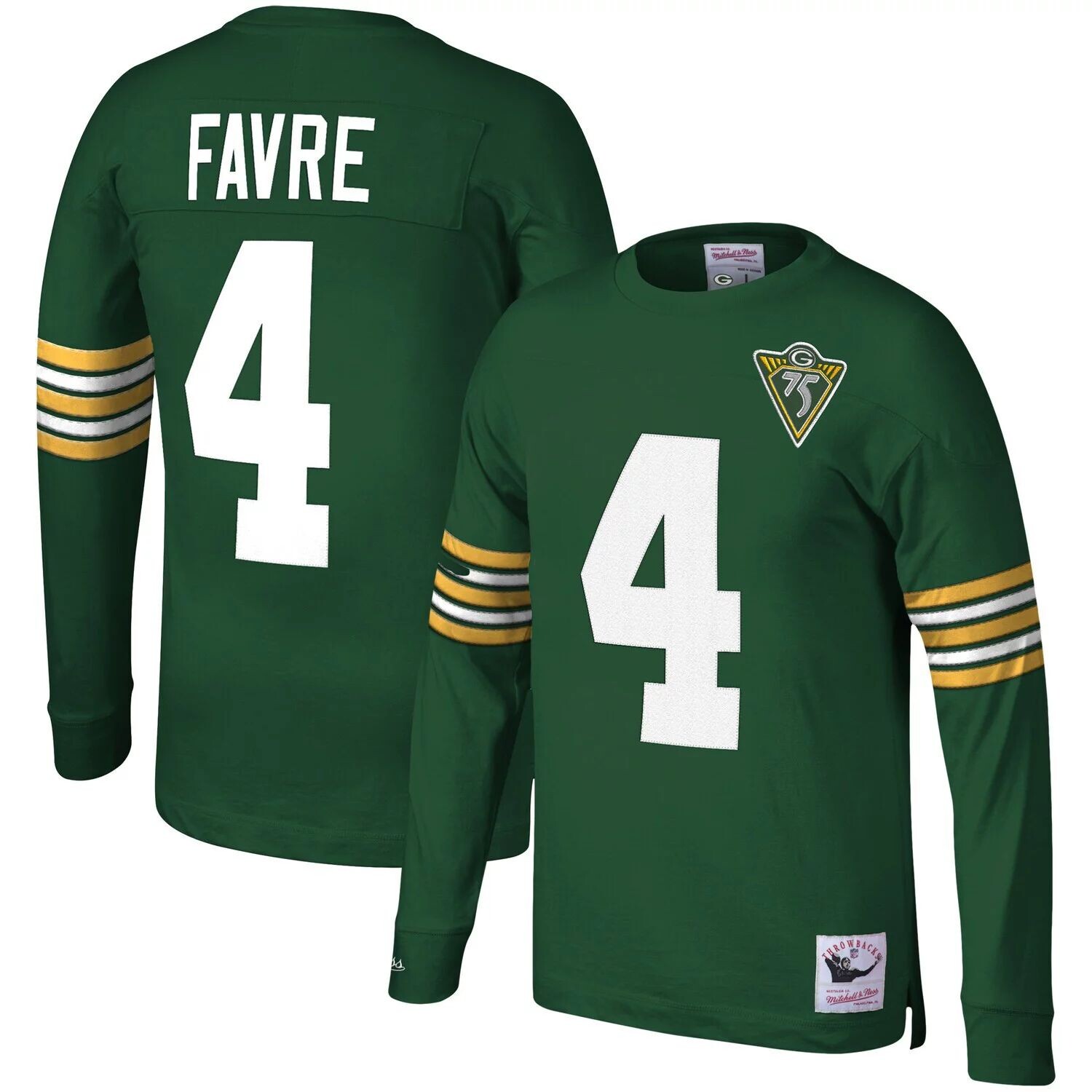 

Мужская футболка Mitchell & Ness Brett Favre Green Green Bay Packers 1994, имя и номер игрока, вышедшего на пенсию, с длинным рукавом