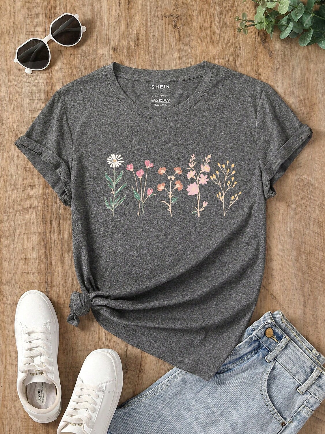 

SHEIN LUNE Женская футболка, цветочный принт, короткие рукава, темно-серый