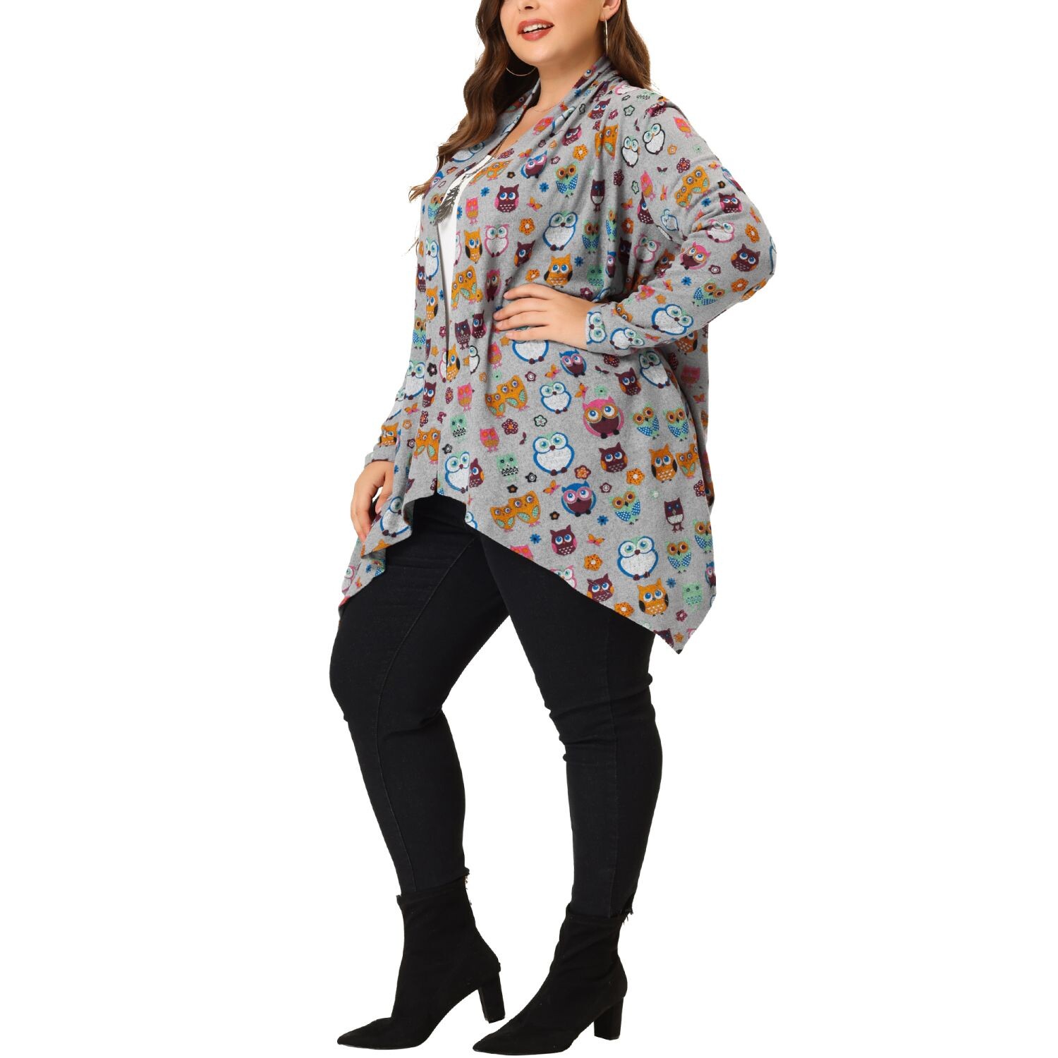 

Женский осенний кардиган с открытой передней частью и принтом совы больших размеров Agnes Orinda, серый