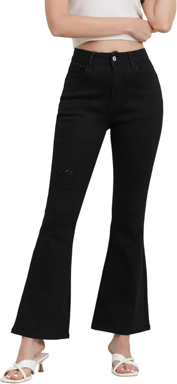 

Женские джинсы с высокой талией и расклешенным низом, потертые, черно-белые, стрейч ZMTUO