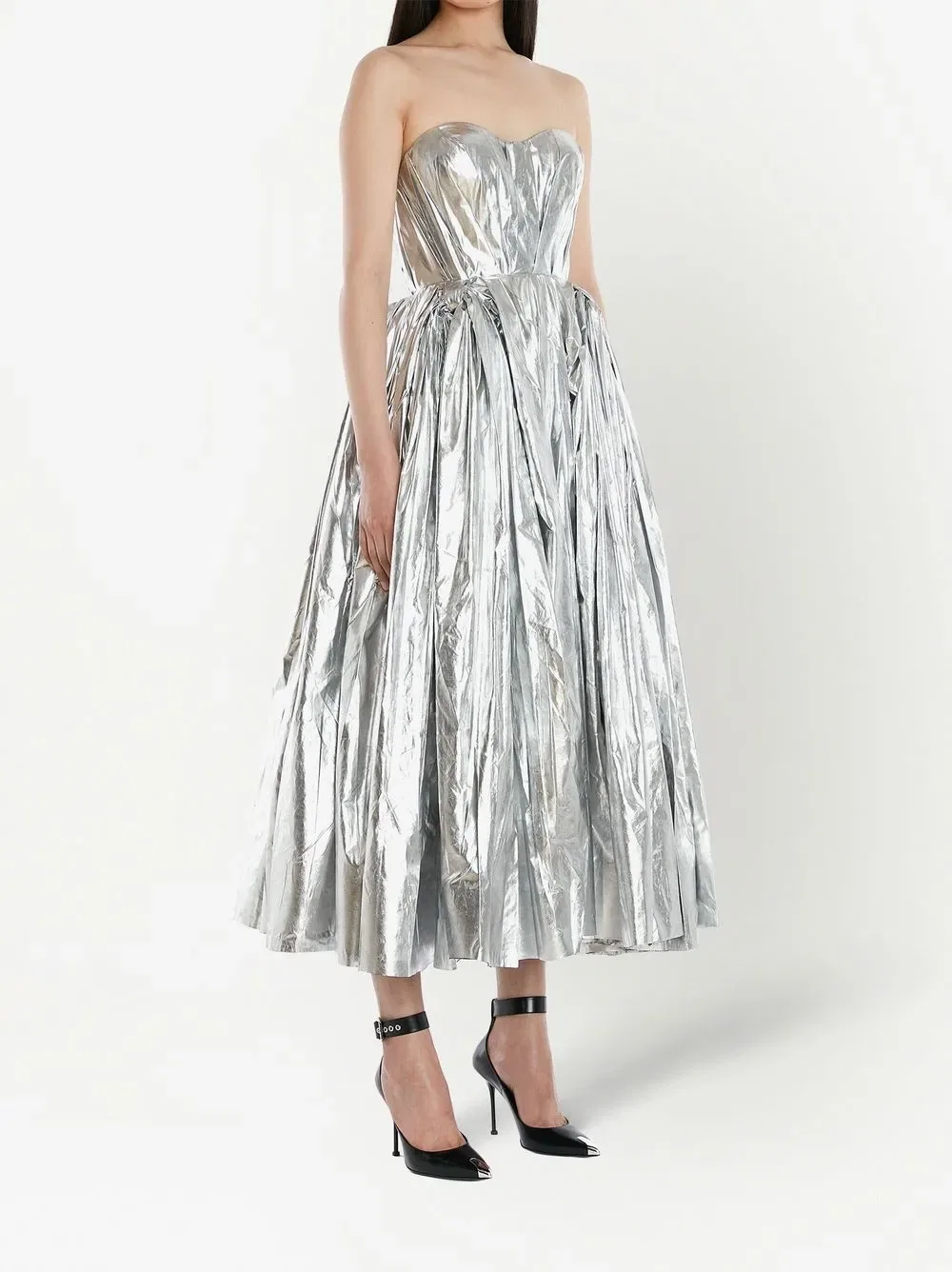 Платье-Миди с металлизированной отделкой и бюстье Alexander Mcqueen, серебро — фото 3
