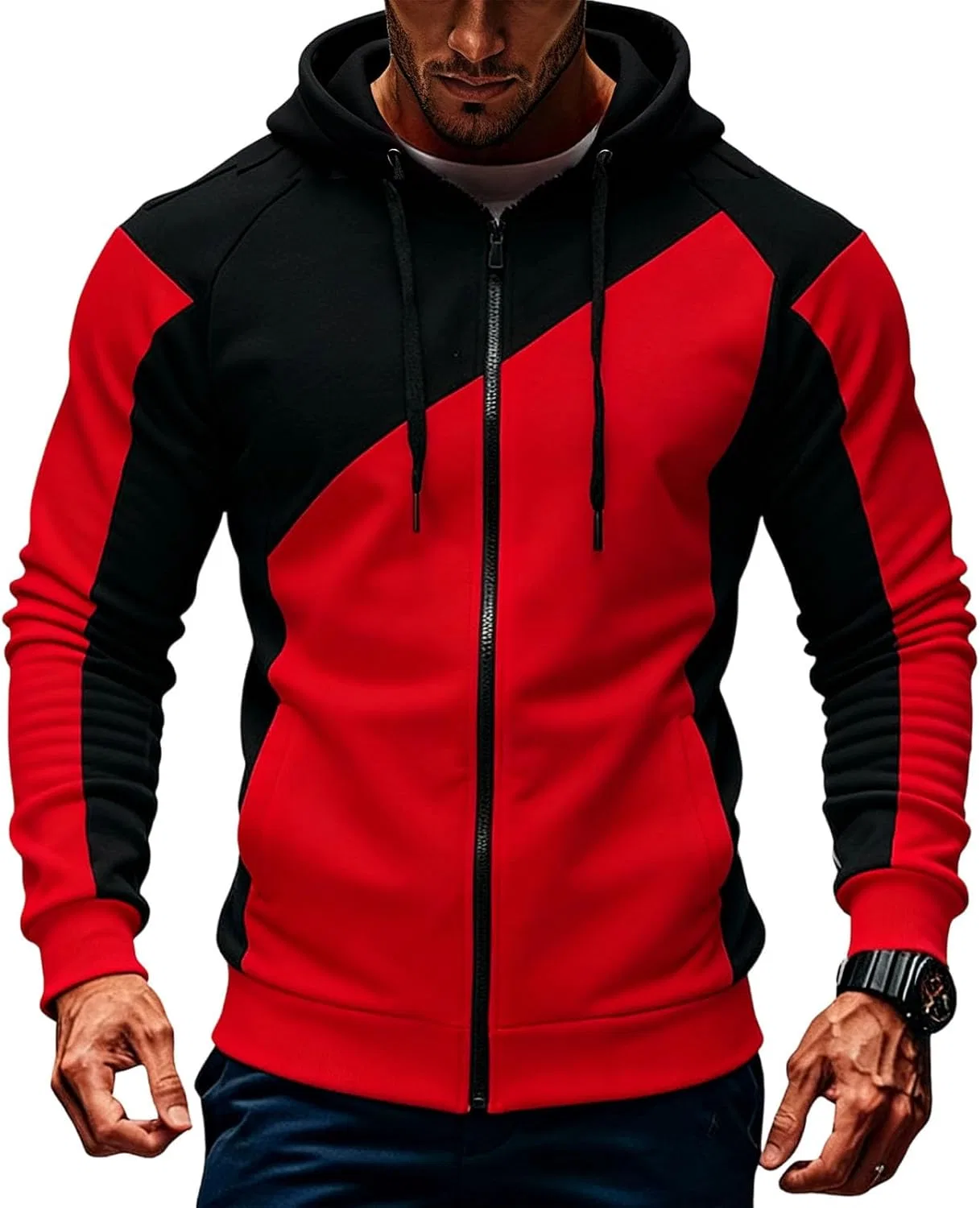 Мужская худи молния, контрастный цвет, Slim Fit, Polyester, Красный