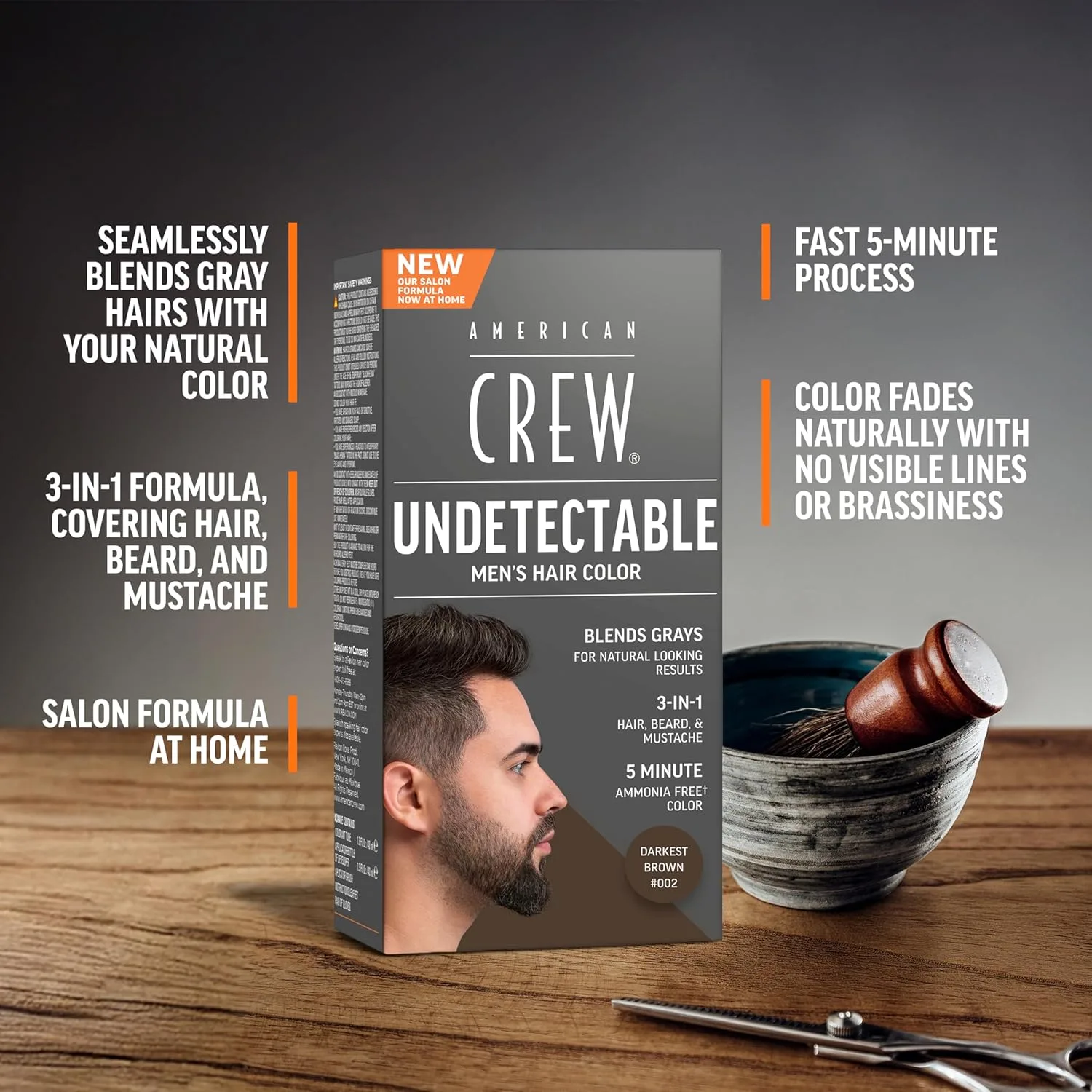 Краска для волос American Crew Undetectable для мужчин | Полуперманентная краска для волос темно-коричневого цвета | Естественное закрашивание седины, оттенок 002 (темно-коричневый), 1 упаковка, 002 Darkest Brown — фото 2