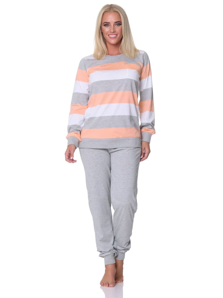 

NORMANN Пижама с длинными рукавами, манжетами и полосками абрикосового цвета