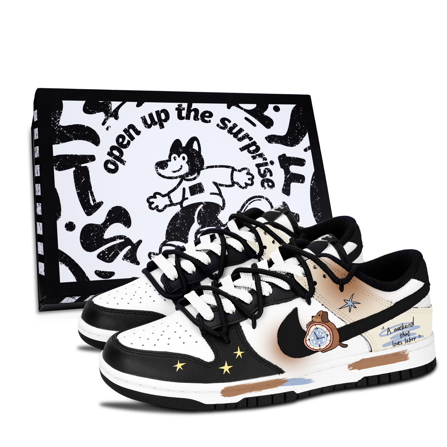 

Nike Низкие кожаные кроссовки Dunk Black White, Canine Zodiac с противоскользящим и износостойким покрытием, легкие и с амортизацией