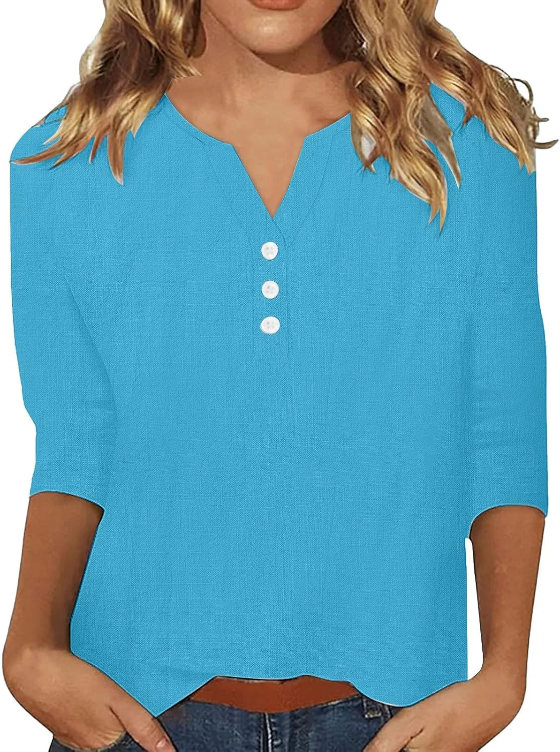 Блуза с 3/4 рукавом, Cotton Linen, женская, синяя