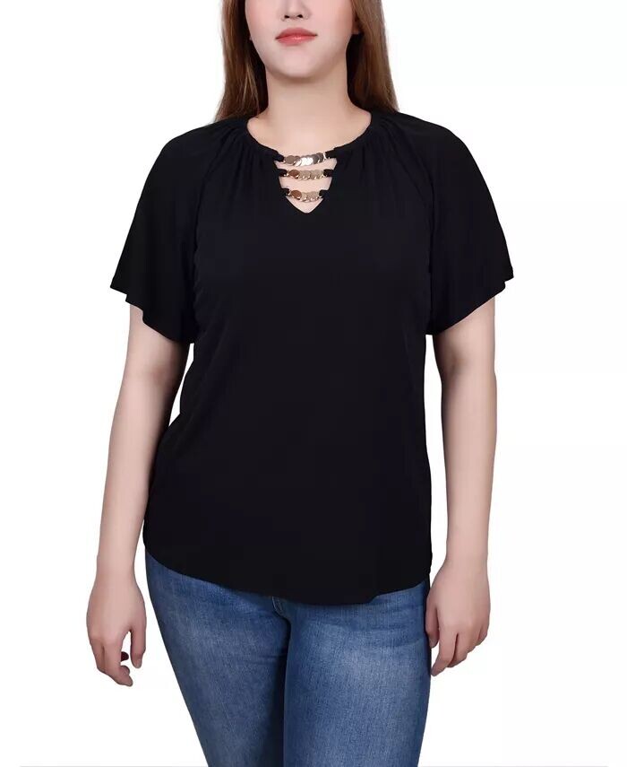 

Миниатюрный топ с рукавами реглан и цепочками NY Collection, черный
