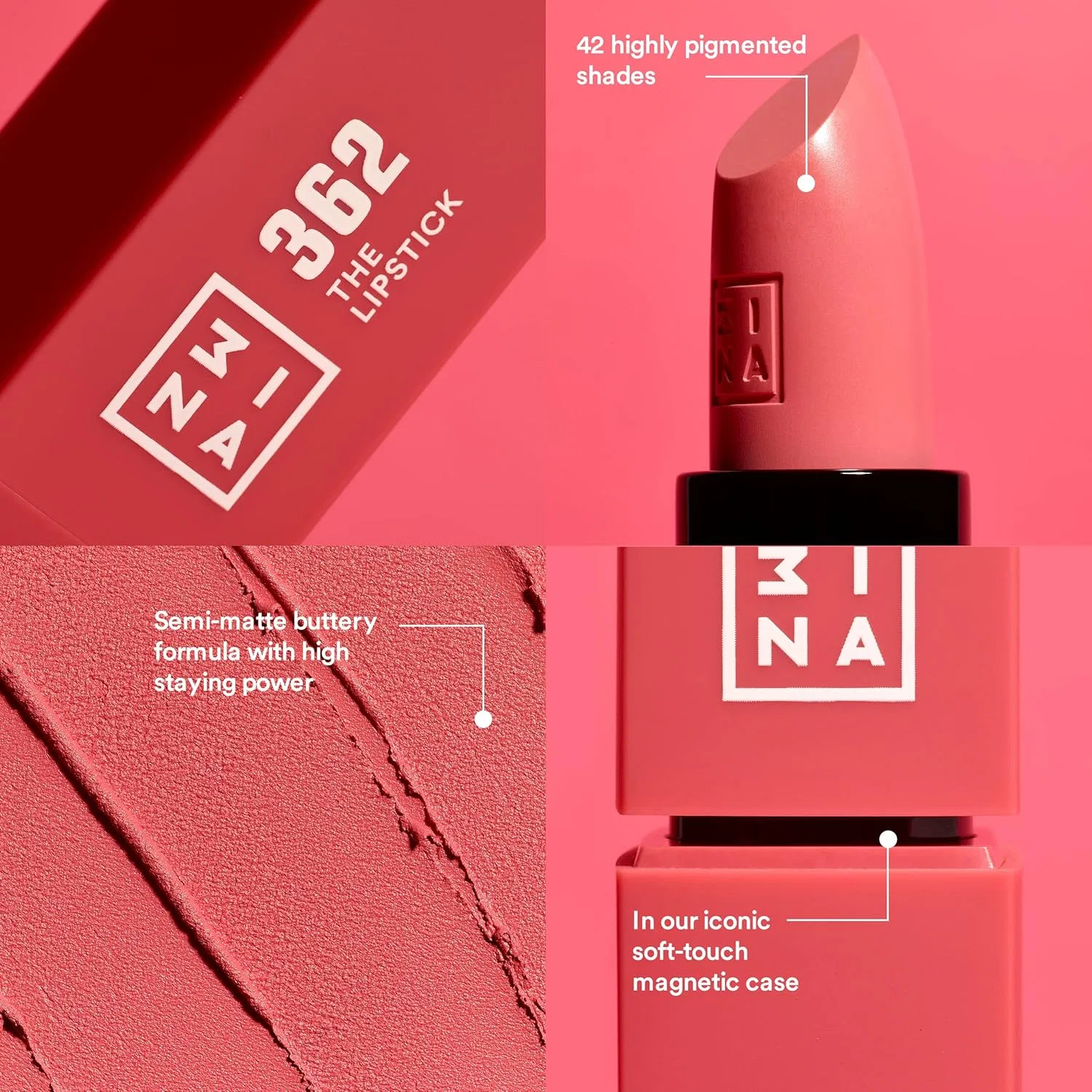 Матовая помада 3INA MAKEUP The Lipstick 245, розово-красный оттенок 3Ina, 245 - Pink Red — фото 3