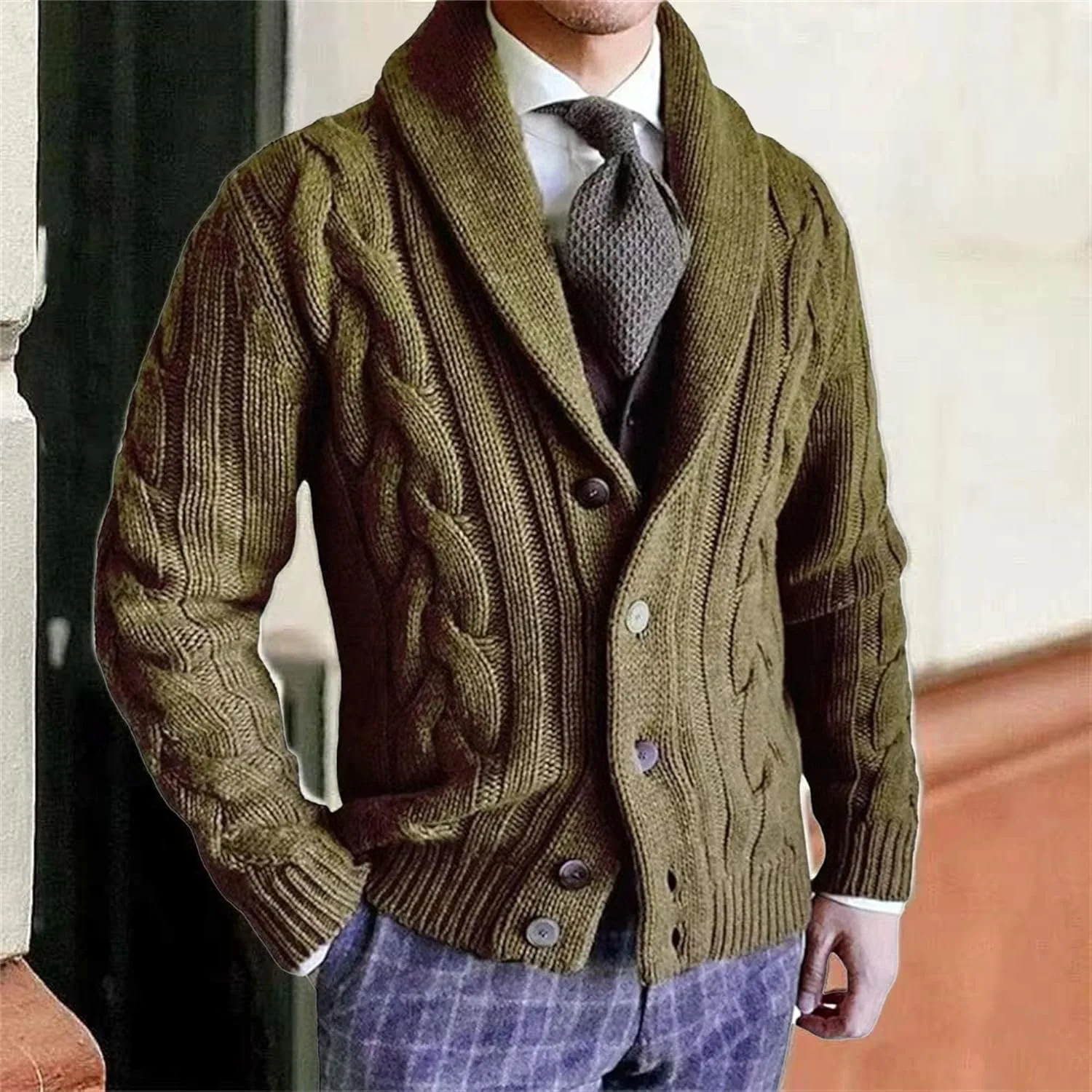 Мужской кардиган с шальным воротником на пуговицах, Slim Fit — фото 2