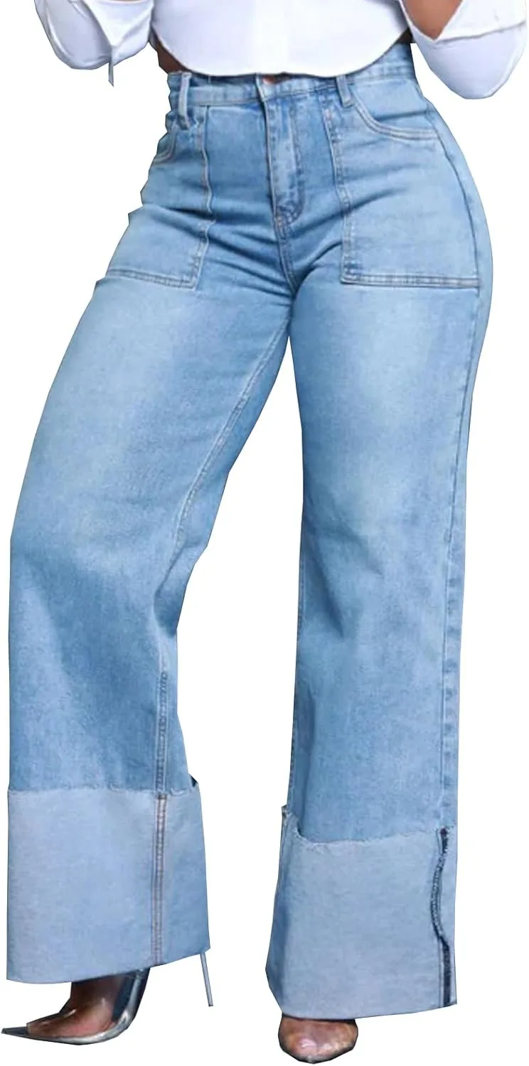 

Женские джинсы с прямыми широкими штанинами High Waisted Baggy Stretch KnoInt