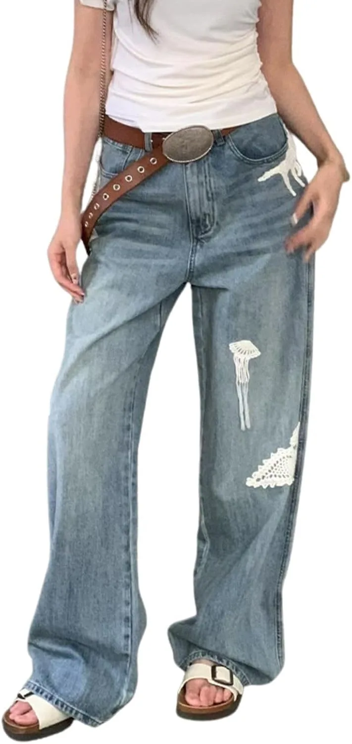 

Джинсы для девушек, Cute Embroidered, High Waisted, Straight Leg Lafaguw