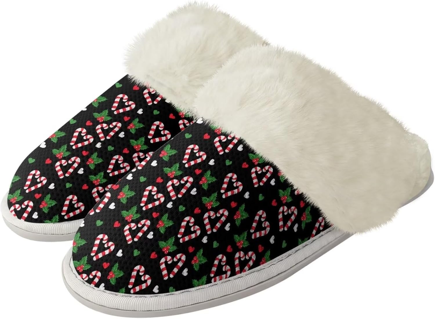 

Домашние тапочки Srengjodk Slip-On, фланелевые тапочки с меховой отделкой для женщин и мужчин, его и ее тапочки, размеры 36-47, Christmas Candy Canes Print