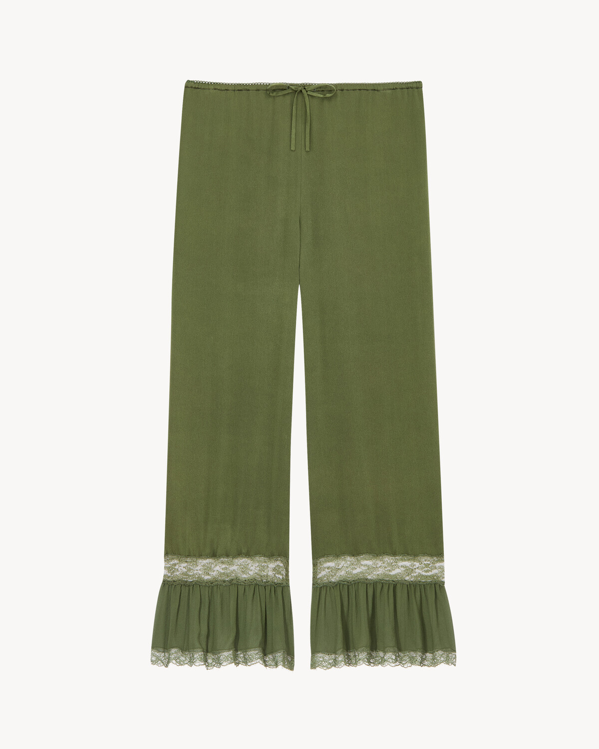 

Штаны из шелкового сатина с кружевными манжетами Saint Laurent, зеленый