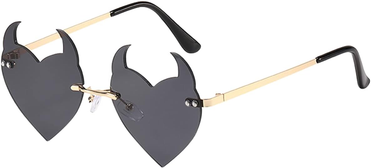 

BOJOD Готические солнцезащитные очки с рогами и сердцем для женщин, без оправы, в стиле панк 90-х, модные цветные солнцезащитные очки для вечеринок и фестивалей, Black
