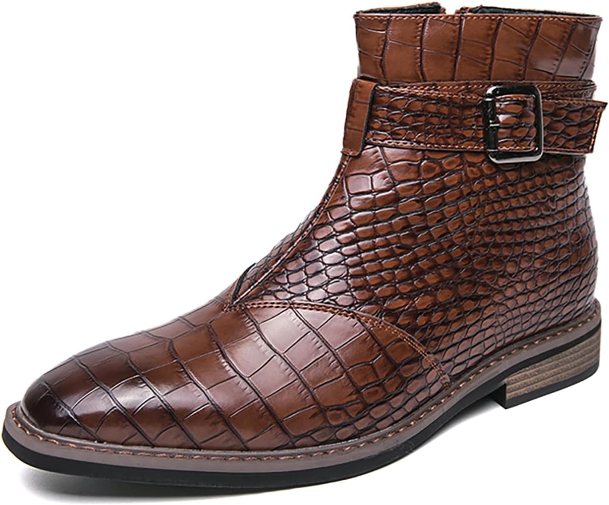 

Мужские ботинки Челси из кожи с тиснением под крокодила, с боковой молнией, модным заостренным носком, ремешком на щиколотке и низким каблуком, деловые стильные ботильоны Lvomu, коричневый