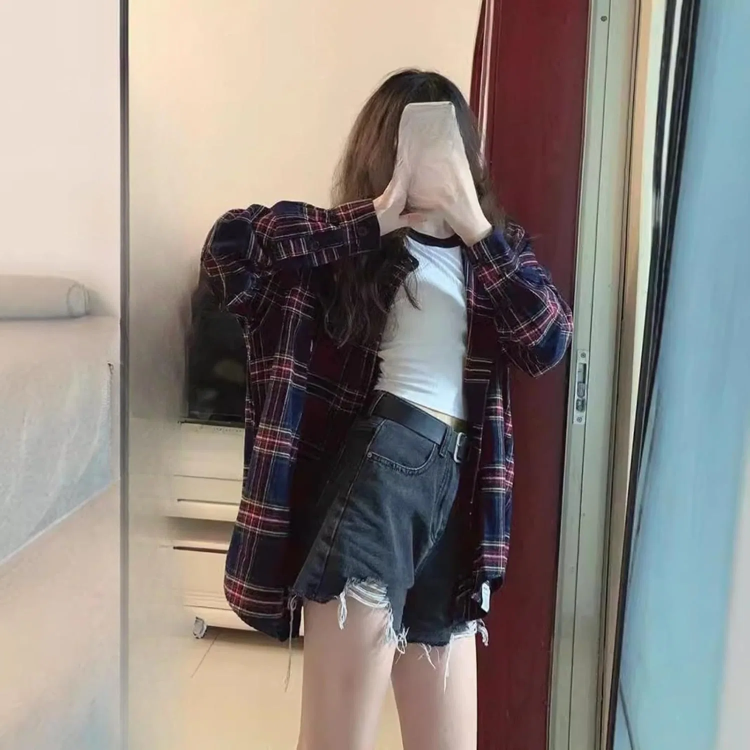 Блуза с пледовым принтом, длинная, Plaid Long Shirt, бордовый — фото 4