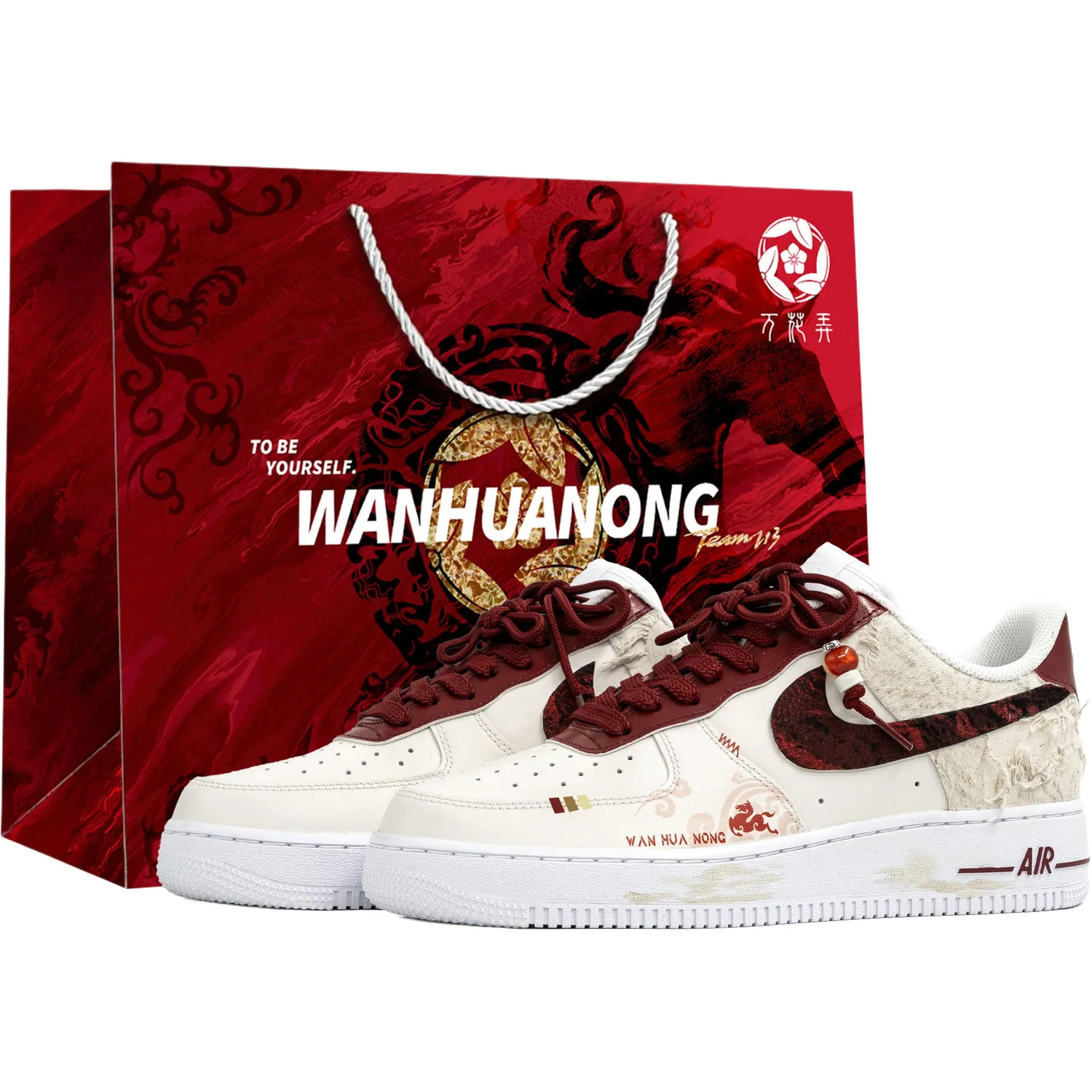 Air Force 1 Wan Hua Nong, Chun Ma Blessing, Shopping Bag с противоскользящим покрытием, устойчивая к истиранию и с амортизацией Nike, белый красный