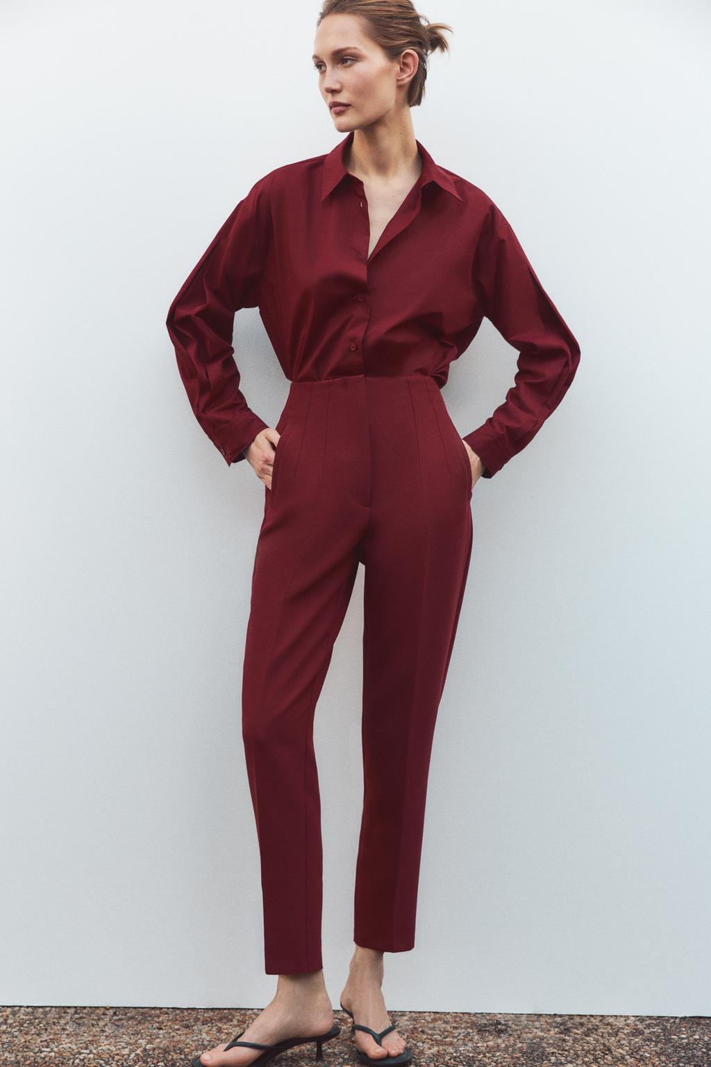 

Поплиновая рубашка с плиссированными манжетами ZARA, бордовый
