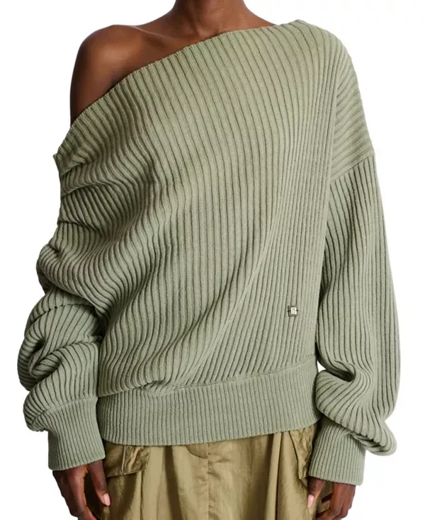 Асимметричный драпированный джемпер из ребристой шелковой вязки. Balmain, Green